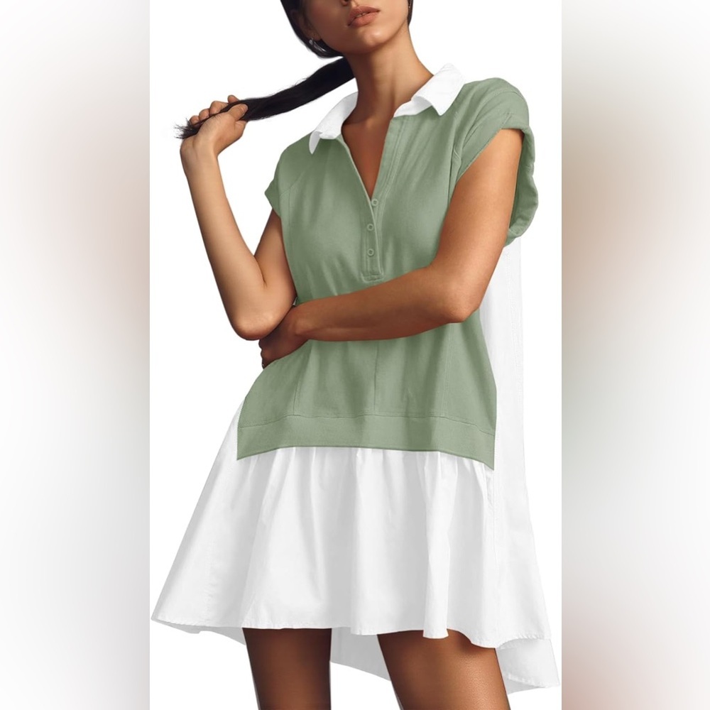 Fisoew Sweatshirt Dress Large‎ Green Oversized V Neck Patchwork Mini NWT